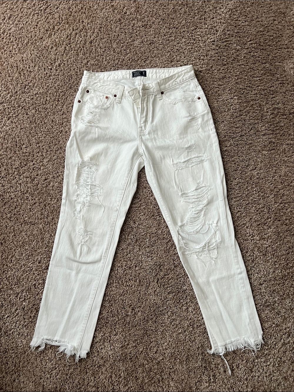 Abercrombie & Fitch White Distressed Ankle Crop Jeans